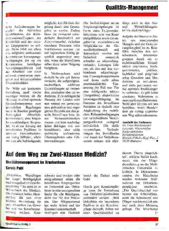 Vorschauseite 1: Auf dem Weg zur Zwei-Klassen Medizin? Qualitätsmanagement im Krankenhaus