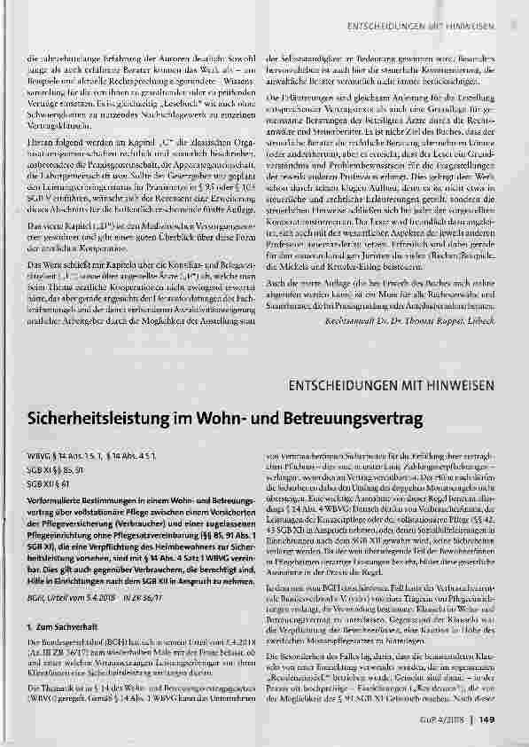 Vorschauseite 1: ENTSCHEIDUNGEN MIT HINWEISEN Sicherheitsleistung im Wohnund Betreuungsvertrag