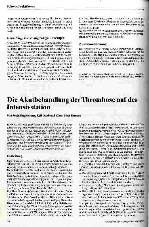 Vorschauseite 1: Die Akutbehandlung der Thrombose auf der Intensivstation