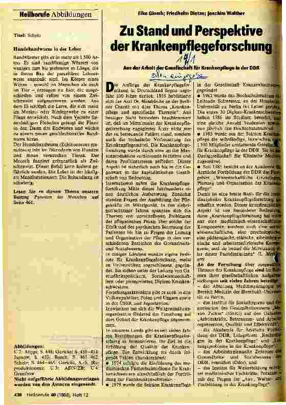 Vorschauseite 1: Zum Stand und Perspektive der Krankenpflegeforschung Aus der Arbeit der Gesellschaft für Krankenpflege in der DDR