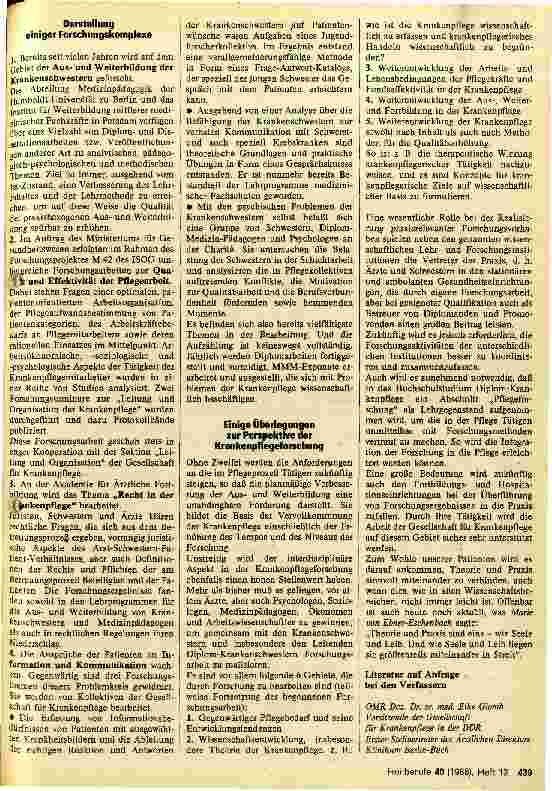 Vorschauseite 2: Zum Stand und Perspektive der Krankenpflegeforschung Aus der Arbeit der Gesellschaft für Krankenpflege in der DDR