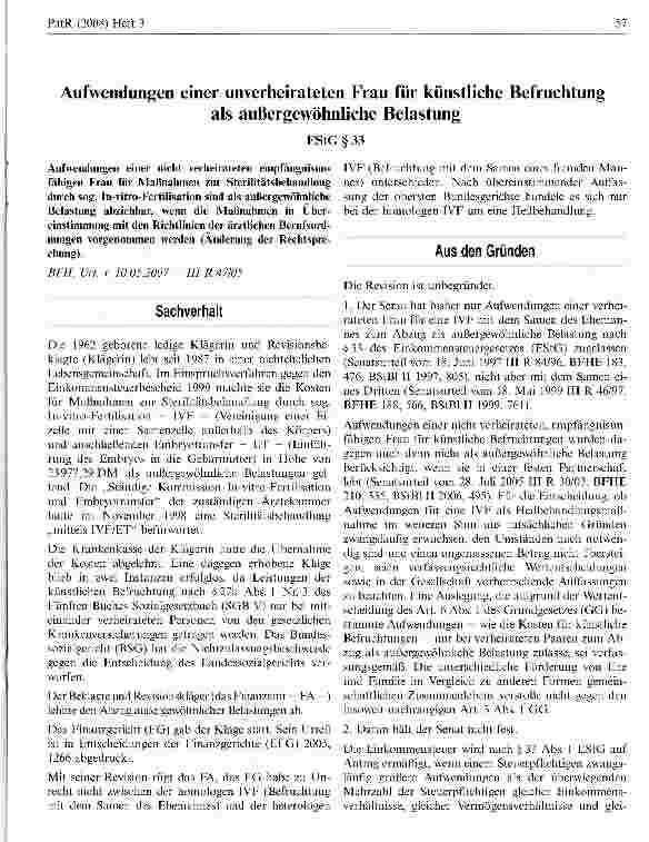 Vorschauseite 1: Aufwendungen einer unverheirateten Frau für künstliche Befruchtung als außergewöhnliche Belastung