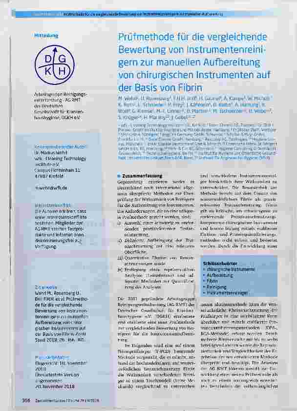 Vorschauseite 1: Prüfmethode für die vergleichende Bewertung von Instrumentenreinigern zur manuellen Aufbereitung von chirurgischen Instrumenten auf der Basis von Fibrin