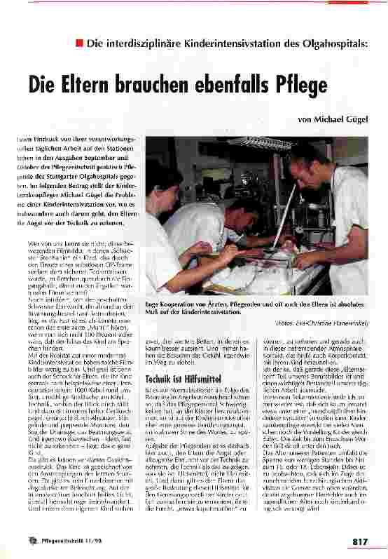 Vorschauseite 1: Die Eltern brauchen ebenfalls Pflege Die interdisziplinäre Kinderintensivstation des Olgahospitals