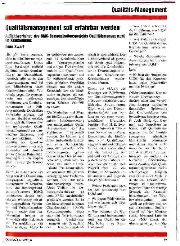 Vorschauseite 1: Qualitätsmanagement soll erfahrbar werden Auftaktworkshop Qualitätsmanagement im Krankenhaus