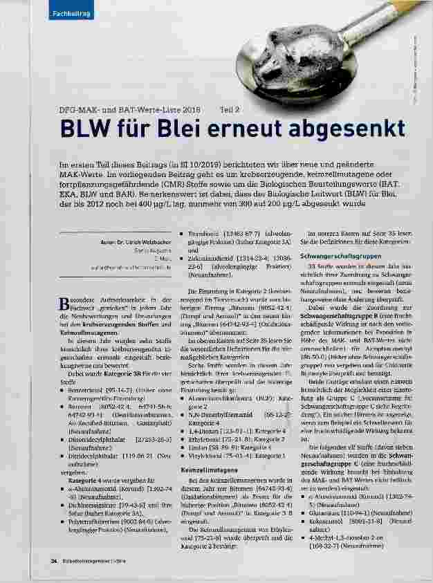 Vorschauseite 1: BLW für Blei erneut abgesenkt