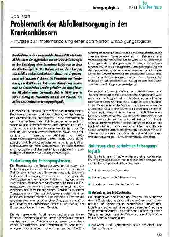 Vorschauseite 1: Problematik der Abfallentsorgung in den Krankenhäusern Hinweise zur Implementierung einer optimalen Entsorgungslogistik