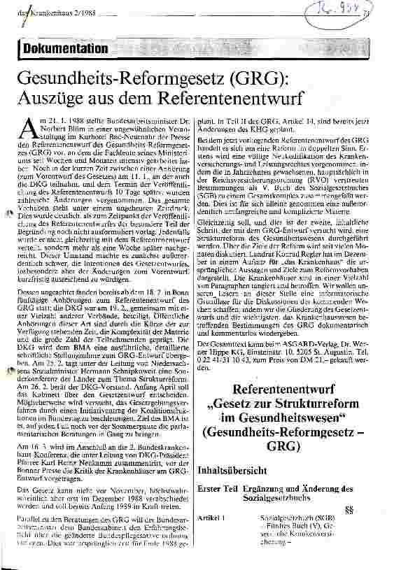 Vorschauseite 1: Gesundheitsreformgesetz (GRG): Auszüge aus dem Referentenentwurf und Einrichtungen