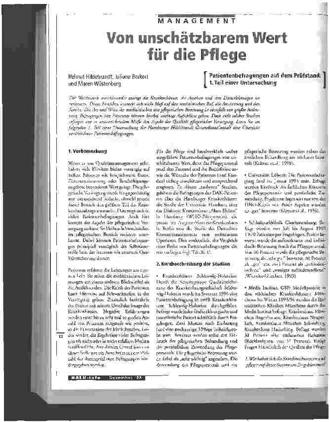 Vorschauseite 1: Von unschätzbaren Wert für die Pflege Patientenbefragungen auf dem Prüfstabd 1. Teil einer Untersuchung