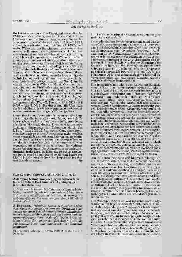 Vorschauseite 1: SGB IX § 102; SchwbAV §§ 18 Abs. 2, 19 u. 21 Ablehnung bebinderungsbedingten Mehrbedarfs bei sehr hohem Einkommen und geringfügiger jährlicher Belastung