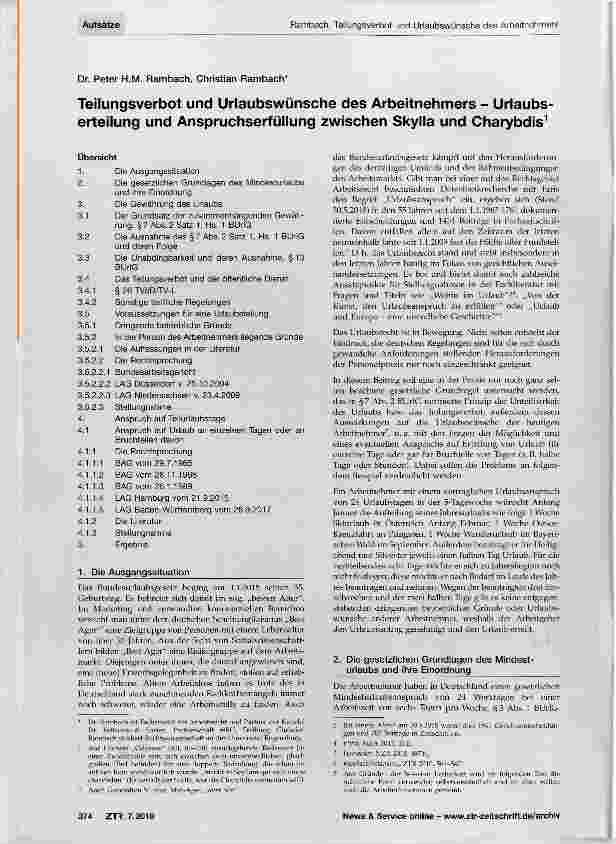 Vorschauseite 1: Teilungsverbot und Urlaubswünsche des Arbeitnehmers Urlaubserteilung und Anspruchserfüllung zwischen Skylla und Charybdis