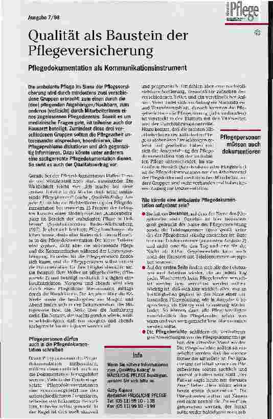 Vorschauseite 1: Qualität als Baustein der Pflegeversicherung Pflegedokumentation als Kommunikationsinstrument