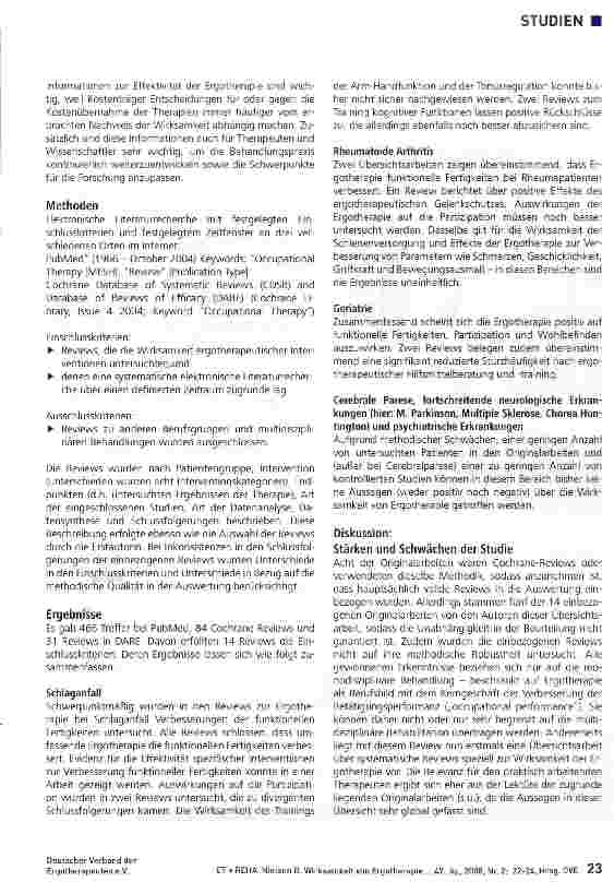 Vorschauseite 2: Wirksamkeit von Ergotherapie:Ein Überblick über systematische Reviews zu verschiedenen Krankheitsbildern