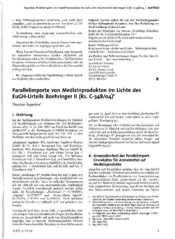 Vorschauseite 1: Parallelimporte von Medizinprodukten im Lichte des EuGH-Urteils Boehringer II (Rs. C-348/04)