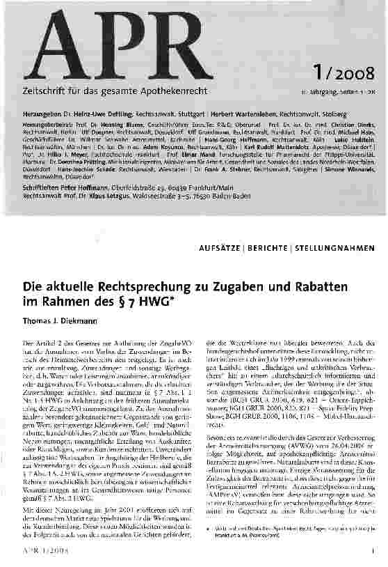Vorschauseite 1: Die aktuelle Rechtsprechung zu Zugaben und Rabatten im Rahmen des § 7 HWG