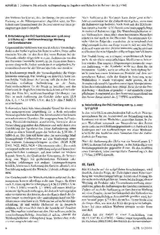 Vorschauseite 6: Die aktuelle Rechtsprechung zu Zugaben und Rabatten im Rahmen des § 7 HWG