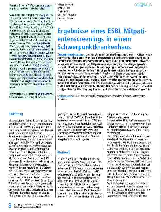 Vorschauseite 1: Ergebnisse eines ESBL Mitpatientenscreenings in einemSchwerpunktkrankenhaus