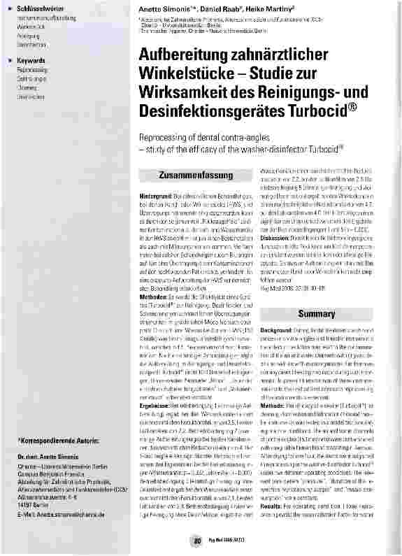 Vorschauseite 1: Aufbereitung zahnärztlicher Winkelstücke - Studie zur Wirksamkeit des Reinigungsund Desinfektionsgerätes Turboeid