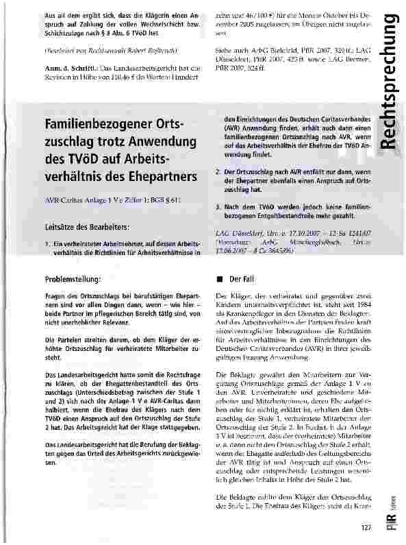 Vorschauseite 1: Familienbezogener Ortszuschlag trotz Anwendung des TVöD auf Arbeitsverhältnis des Ehepartners