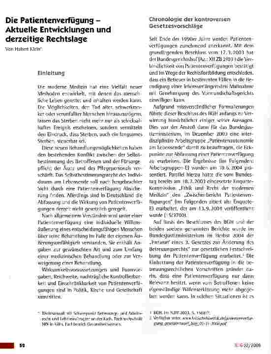 Vorschauseite 1: Die Patientenverfügung -Aktuelle Entwicklungen und derzeitige Rechtslage