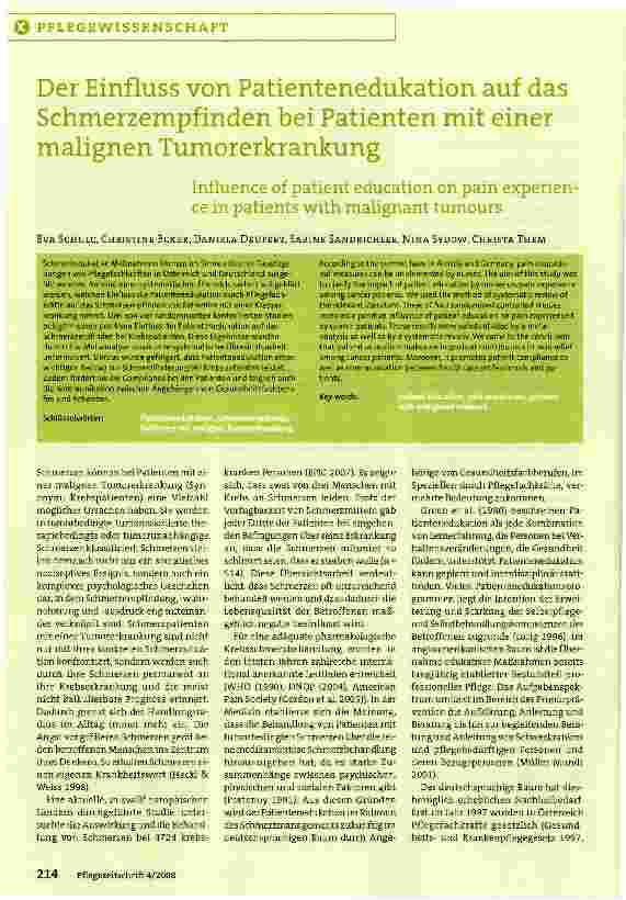 Vorschauseite 1: Der Einfluss von Patientenedukation auf das Schmerzempfinden bei Patienten mit einer malignen Tumorerkrankung