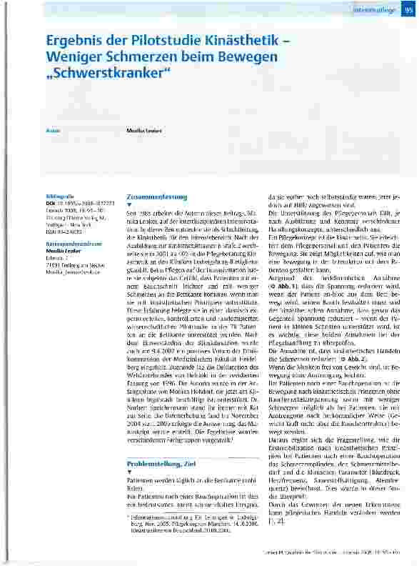 Vorschauseite 1: Ergebnis der Pilotstudie Kinästhetik Weniger Schmerzen beim Bewegen „Schwerstkranker