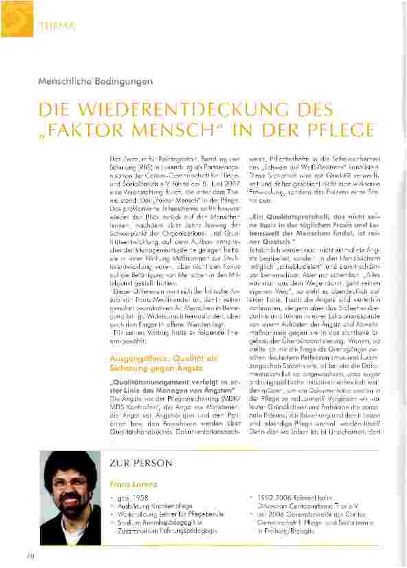 Vorschauseite 1: DIE WIEDERENTDECKUNG DES „FAKTOR MENSCH IN DER PFLEGE