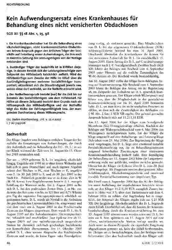 Vorschauseite 1: Kein Aufwendungsersatz eines Krankenhauses für Behandlung eines nicht versicherten Obdachlosen