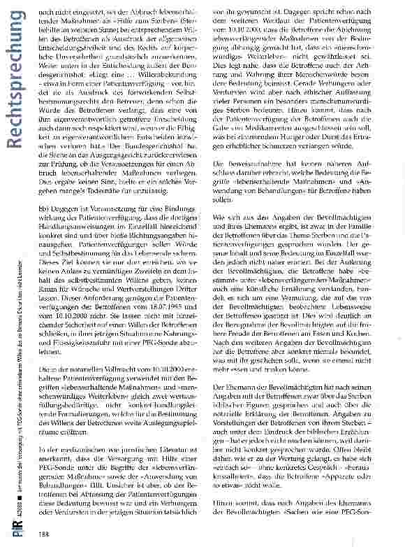 Vorschauseite 6: Betreuerin darf Versorgung mit PEG-Sonde ohne erkennbaren Willen des an Demenz Erkrankten nicht beenden