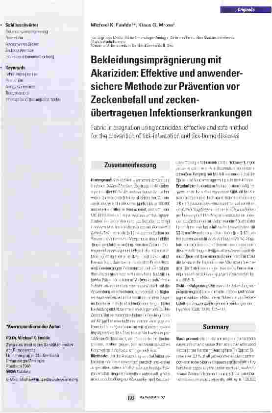 Vorschauseite 1: Bekleidungsimprägnierung mit Akariziden: Effektive und anwender-sichere Methode zur Prävention vor Zeckenbefall und zeckenüber-tragenen Infektionserkrankungen