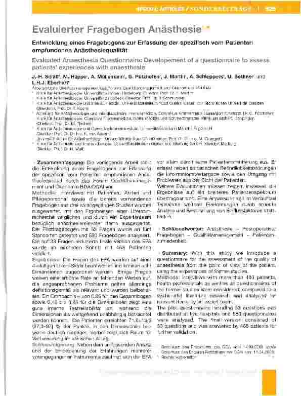 Vorschauseite 1: Evaluierter Fragebogen Anästhesie -Entwicklung eines Fragebogens zur Erfassung der spezifisch vom Patienten empfundenen Anästhesiequalität