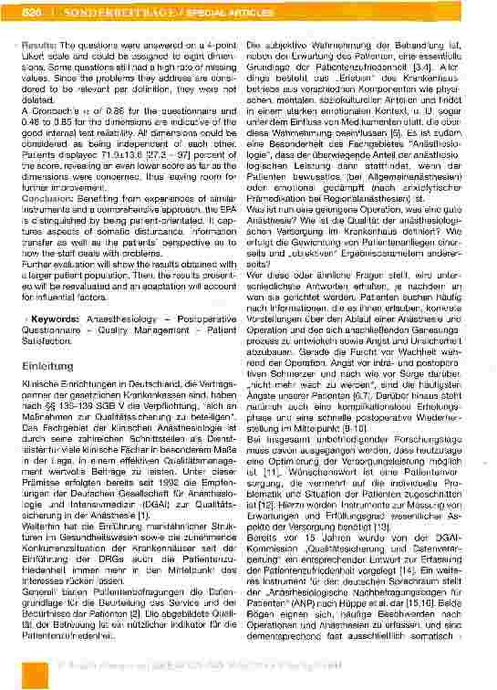 Vorschauseite 2: Evaluierter Fragebogen Anästhesie -Entwicklung eines Fragebogens zur Erfassung der spezifisch vom Patienten empfundenen Anästhesiequalität