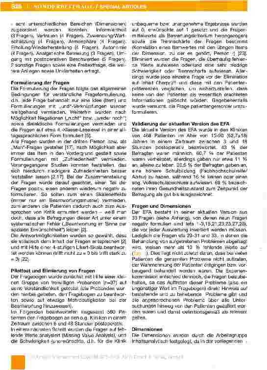 Vorschauseite 4: Evaluierter Fragebogen Anästhesie -Entwicklung eines Fragebogens zur Erfassung der spezifisch vom Patienten empfundenen Anästhesiequalität