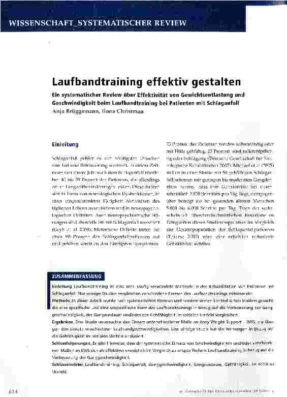 Vorschauseite 1: Laufbandtraining effektiv gestalten- Ein systematischer Review über Effektivität von Gewichtsentlastung und Geschwindigkeit beim Laufbandtraining bei Patienten mit Schlaganfall