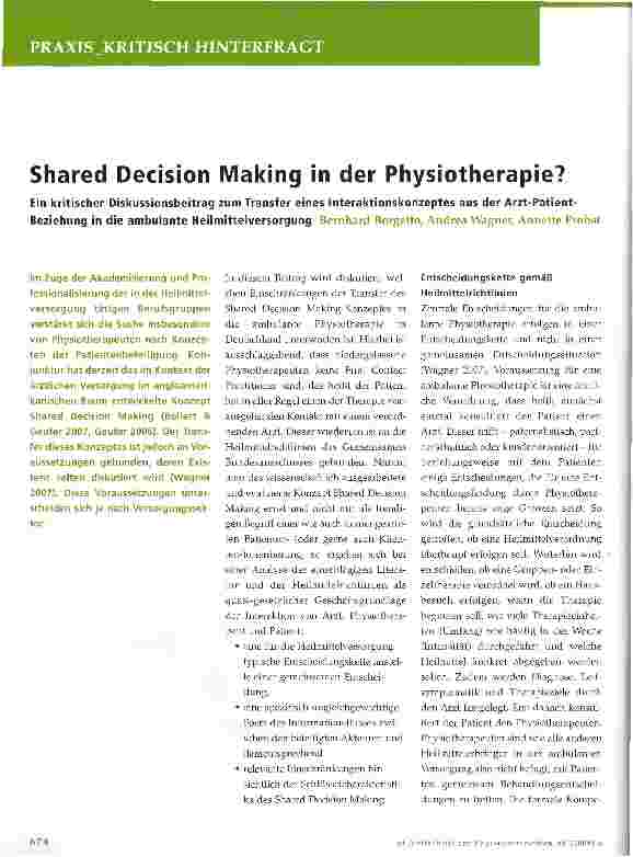 Vorschauseite 1: Shared Decision Making in der Physiotherapie?- Ein kritischer Diskussionsbeitrag zum Transfer eines Interaktionskonzeptes aus der Arzt-Patient-Beziehung in die ambulante Heilmitte…