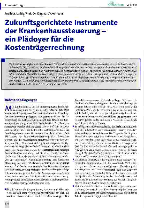 Vorschauseite 1: Zukunftsgerichtete Instrumente der Krankenhaussteuerung -ein Plädoyer für die Kostenträgerrechnung