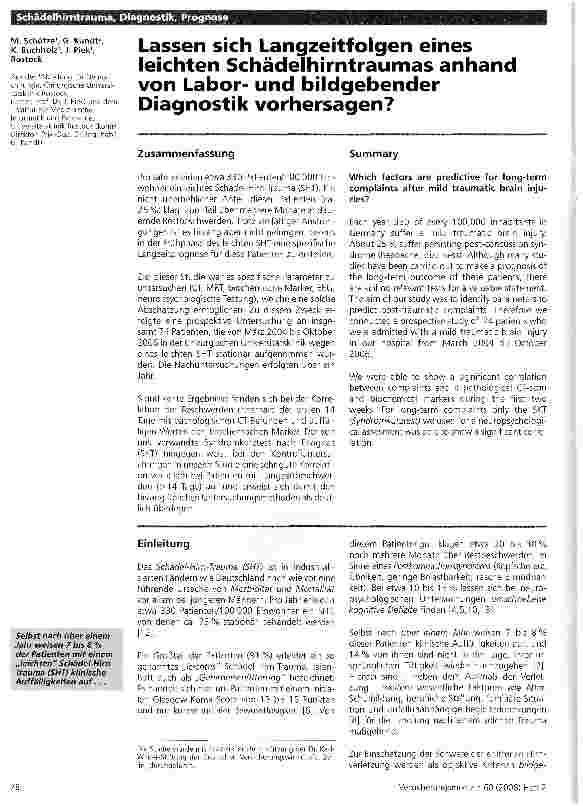 Vorschauseite 1: Lassen sich Langzeitfolgen eines leichten Schädelhirntraumas anhand von Laborund bildgebender Diagnostik vorhersagen?