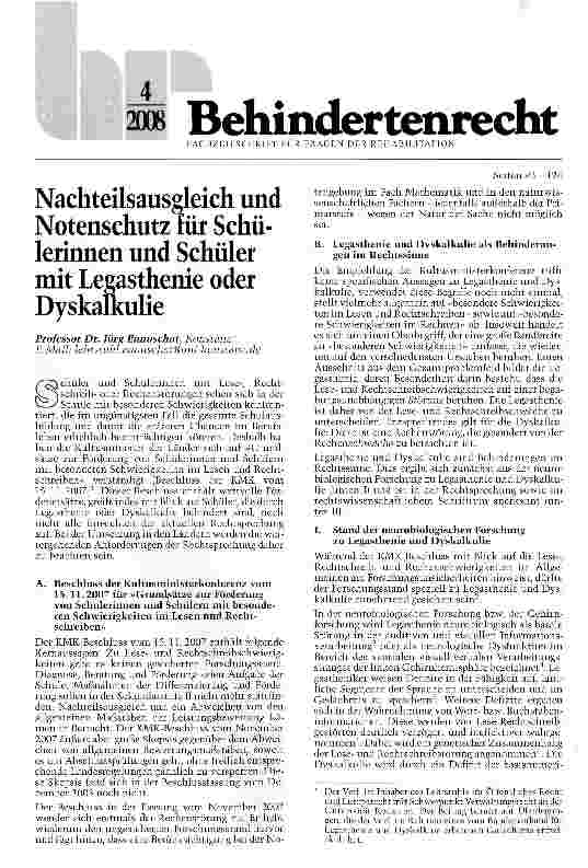 Vorschauseite 1: Nachteilsauseleich und Notenschutz lür Schülerinnen und Schüler mit Legasthenie oder Dyskalkulie