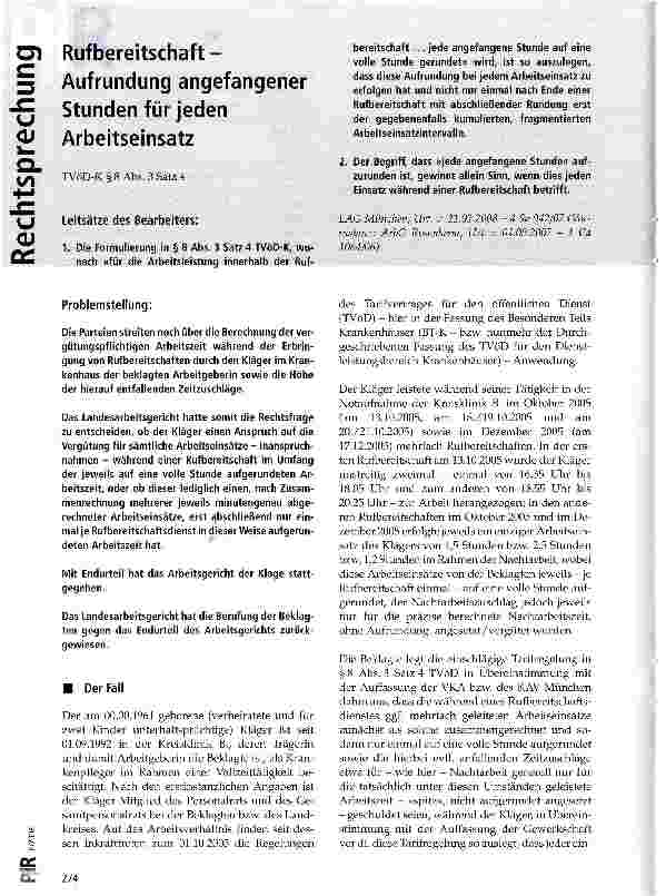Vorschauseite 1: Rufbereitschaft -Aufrundung angefangener Stunden für jeden Arbeitseinsatz