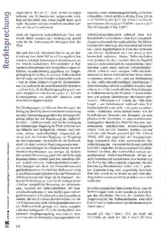 Vorschauseite 5: Rufbereitschaft -Aufrundung angefangener Stunden für jeden Arbeitseinsatz