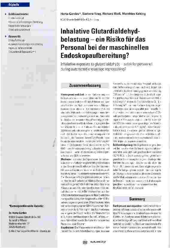 Vorschauseite 1: Inhalative Glutardialdehyd-belastung - ein Risiko für das Personal bei der maschinellen Endoskopaufbereitung?