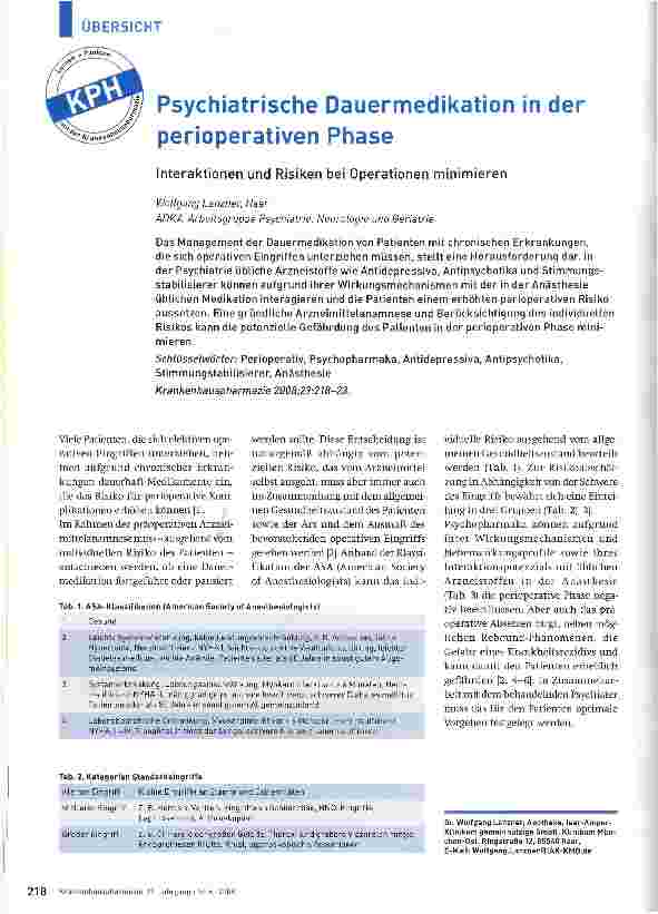 Vorschauseite 1: Psychiatrische Dauermedikation in der perioperativen PhaseInteraktionen und Risiken bei Operationen minimieren