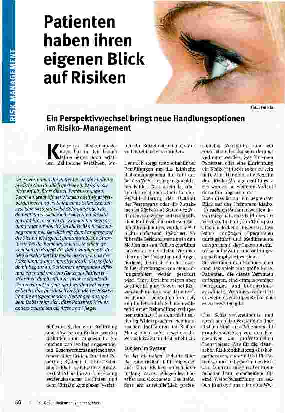Vorschauseite 1: Patienten haben ihren eigenen Blick auf Risiken Ein Perspektivwechsel bringt neue Handlungsoptionen im Risiko-Management