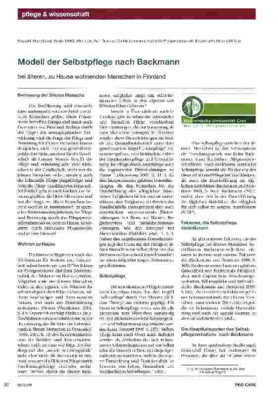 Vorschauseite 1: Modell der Selbstpflege nach Backmann. bei älteren, zu Hause wohnenden Menschen in Finnland