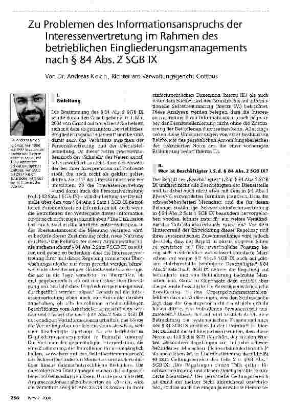 Vorschauseite 1: Zu Problemen des Informationsanspruchs der Interessenvertretung im Rahmen des betrieblichen Eingliederungsmanagements nach§84Abs. 2SGBIX