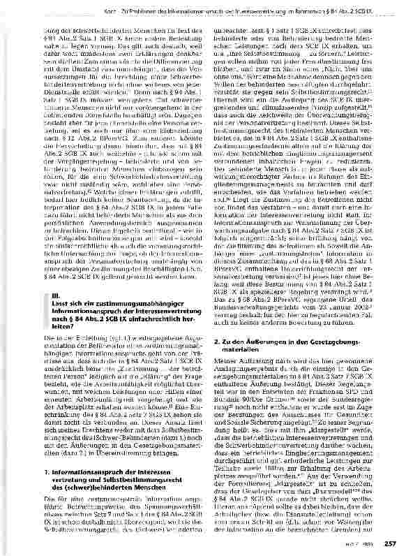 Vorschauseite 2: Zu Problemen des Informationsanspruchs der Interessenvertretung im Rahmen des betrieblichen Eingliederungsmanagements nach§84Abs. 2SGBIX