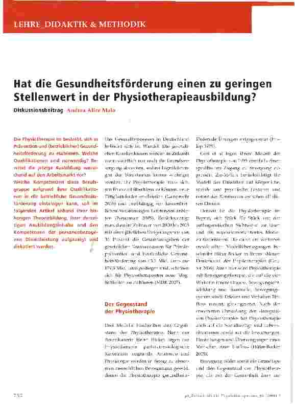 Vorschauseite 1: Hat die Gesundheitsförderung einen zu geringen Stellenwert in der Physiotherapieausbildung?