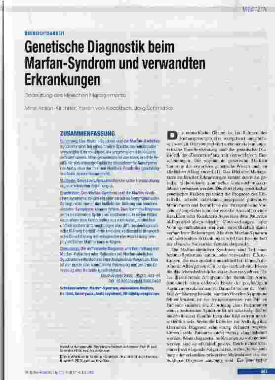 Vorschauseite 1: Genetische Diagnostik beim Marfan-Syndrom und verwandten ErkrankungenBedeutung des klinischen Managements