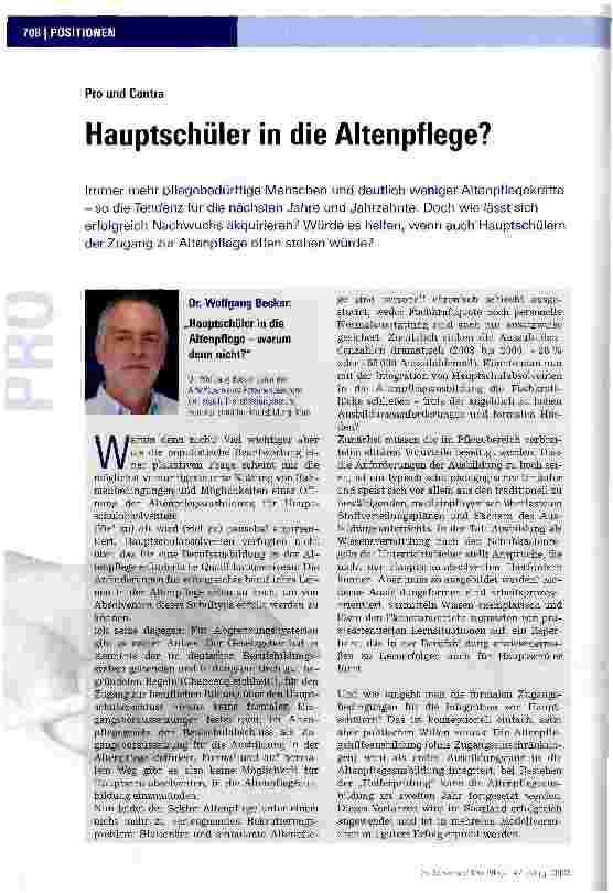 Vorschauseite 1: Pro und Contra: Hauptschüler in die Altenpflege?