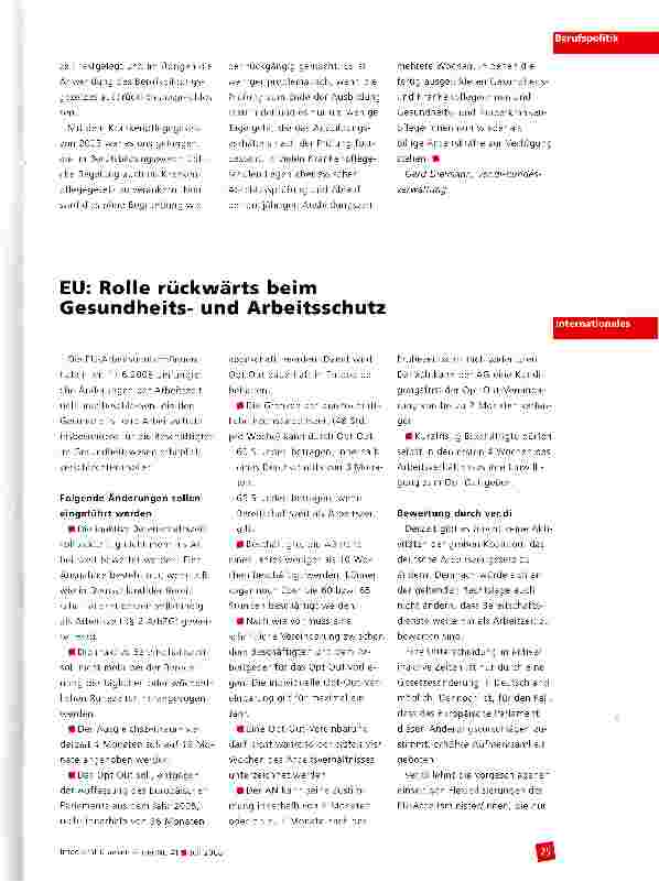 Vorschauseite 1: EU: Rolle rückwärts beim Gesundheitsund Arbeitsschutz